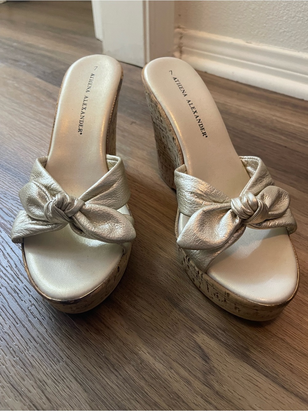 Athena Alexander Gold Metallic Knot Cork Wedge Sandals